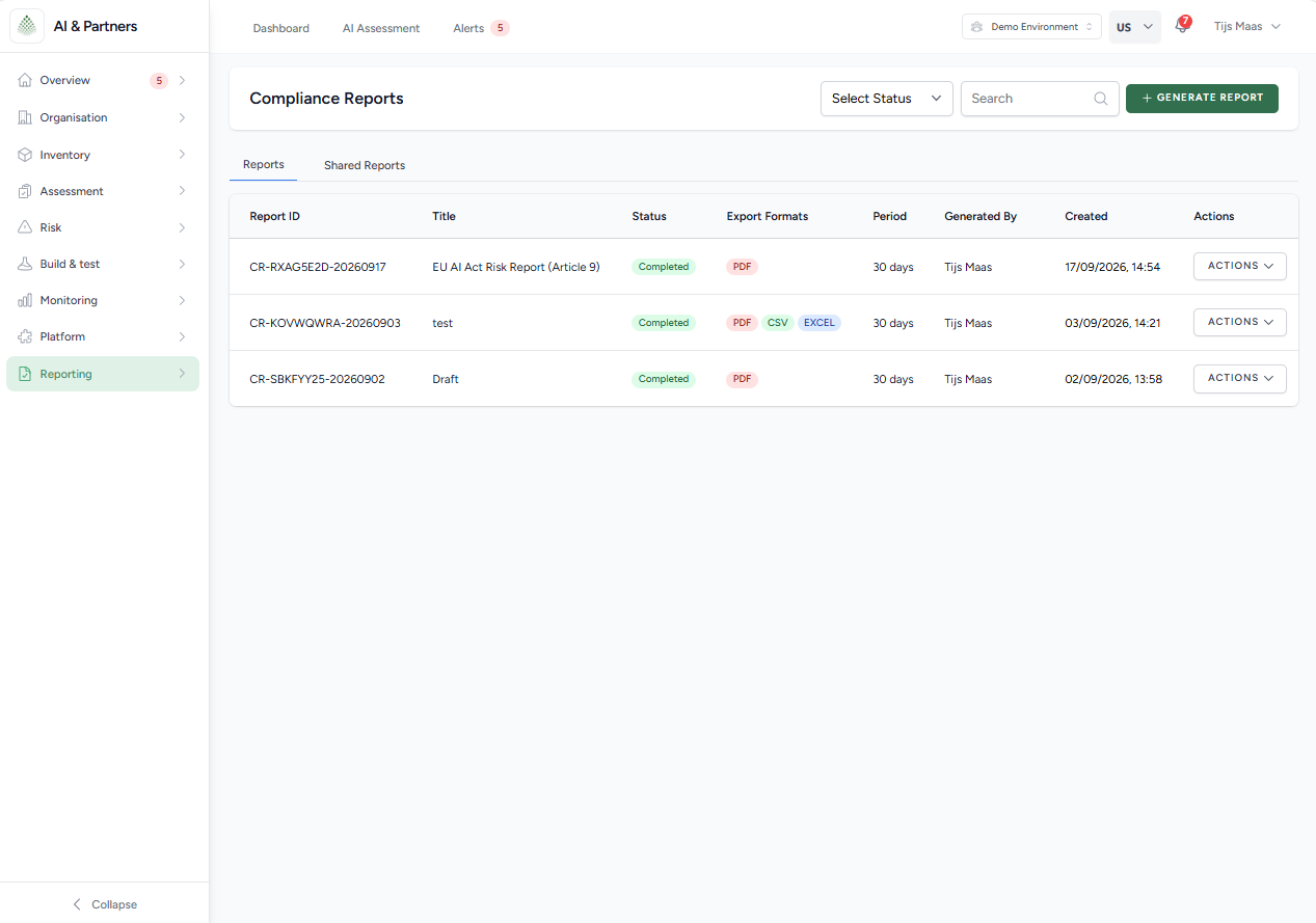 Compliance reports in the platform